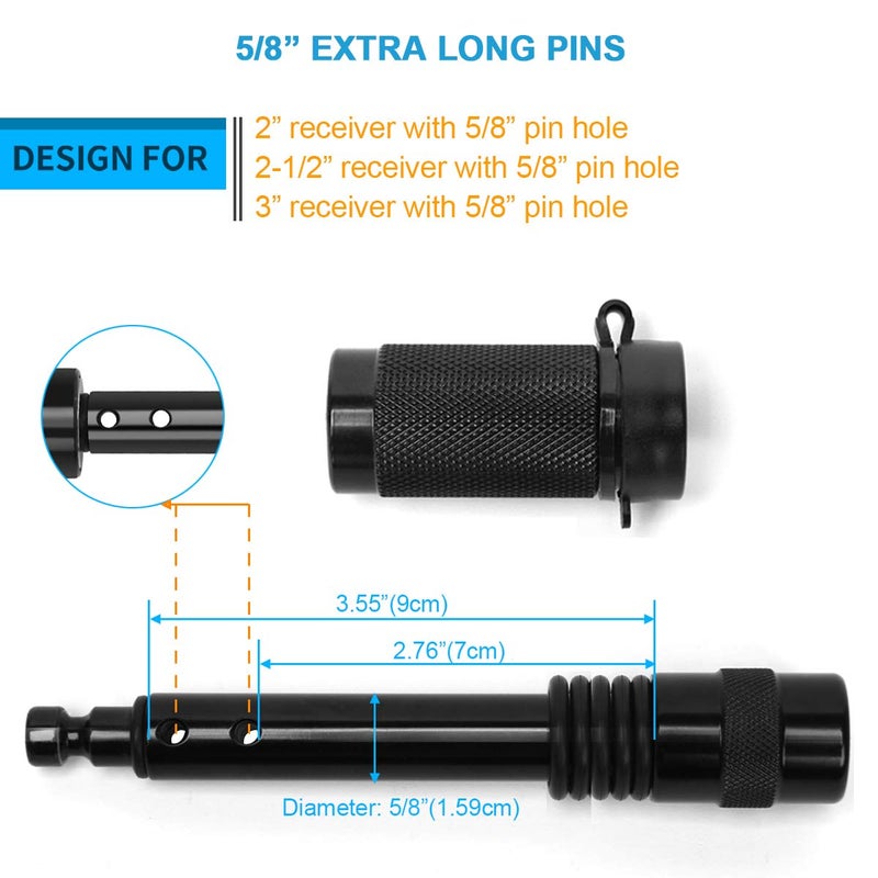 Coolrunner Trailer Hitch Lock Pin Set, 5/8" Extra Long Black Locking Hitch Pin, Heavy Duty Tow Hitch Receiver Lock with Anti-Rattle, Keys, Rubber Cap(5/8" Not Keyed Alike) - Image 2